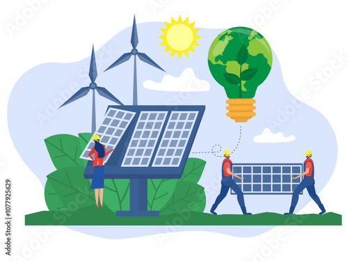 Solar Energy Concept,Worker Engineers Carrying A Solar Panel to installing sunny panel renewable electricity systems Modern Flat Design Vector Illustration.