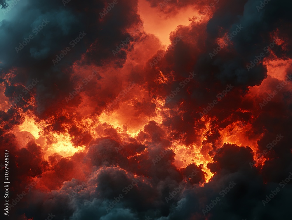 Fototapeta premium Billowing red and orange smoke clouds against a pitch-black background, creating a dramatic and abstract effect with intense contrast.