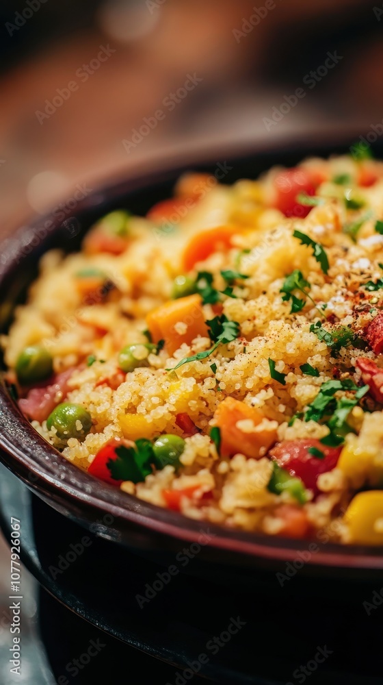 This Moroccan couscous is vibrant with vegetables and fragrant spices, beautifully presented This Moroccan couscous is vibrant with vegetables and fragrant spices, beautifully presented