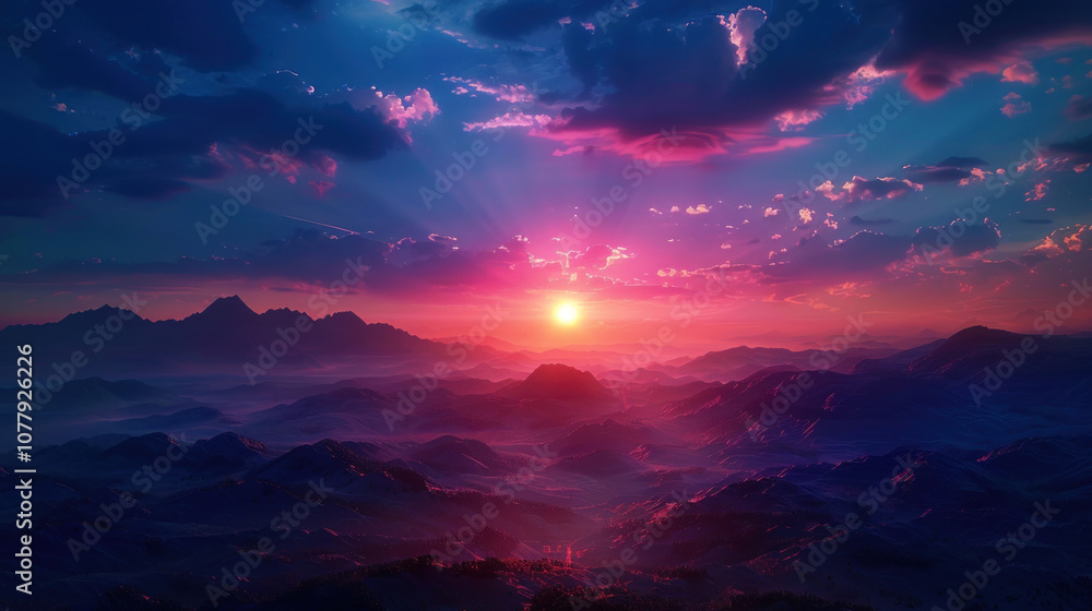 Sun setting over distant mountains, the sky transitioning from deep blue to fiery orange and pink, a breathtaking scene Sun setting over distant mountains, the sky transitioning from deep blue to fiery orange and pink, a breathtaking scene