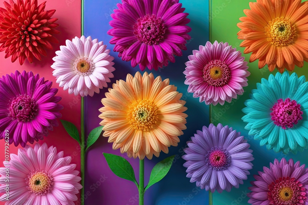 Dynamic 3D Render of Vibrant Blooming Flowers on Colorful Backgrounds Dynamic 3D Render of Vibrant Blooming Flowers on Colorful Backgrounds