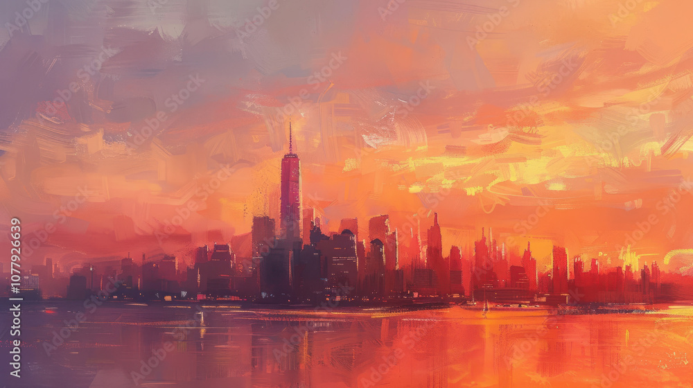 The city skyline bathed in the soft light of the rising sun, the sky painted with shades of orange and pink. The city skyline bathed in the soft light of the rising sun, the sky painted with shades of orange and pink.