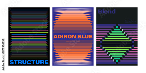 Modern aesthetics of graphic design poster collection layout. bold typography and abstract geometric shapes lines. 3d shape motion blend bigger and bigger structures. cover front y2k colorful gradient