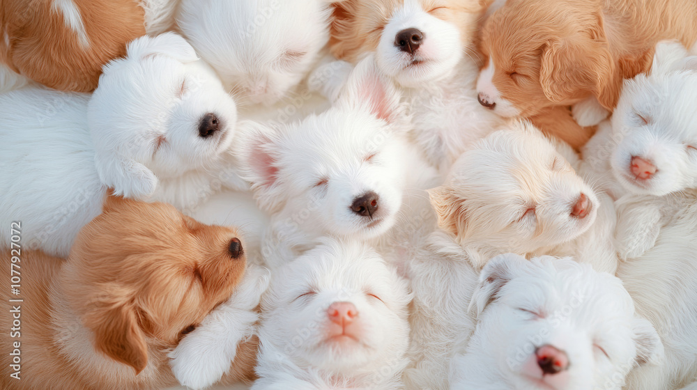 Pile of cute dog puppies lay back relaxing happy pose with furry fluffy soft texture cream white beige brown background. pet decoration sleep party fashion new year adorable wallpaper Pile of cute dog puppies lay back relaxing happy pose with furry fluffy soft texture cream white beige brown background. pet decoration sleep party fashion new year adorable wallpaper