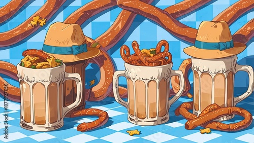  A colorful set of traditional Oktoberfest beer mugs, pretzels, sausages, and Bavarian hats, all arranged against a festive blue-and-white checkered backdrop photo