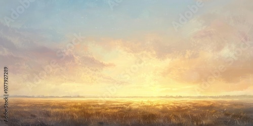 The first light of dawn illuminating an expansive field, the sky painted with gentle pastels as the sun rises.