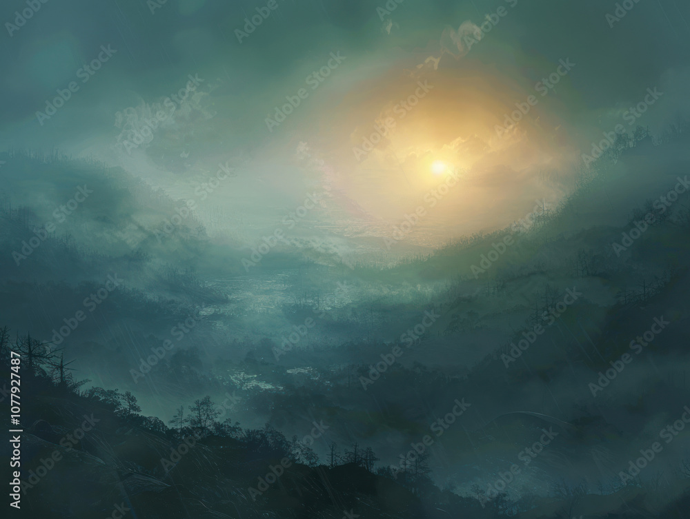 The first light of dawn shining through a thick fog, casting a diffused glow over the landscape as the sun rises. The first light of dawn shining through a thick fog, casting a diffused glow over the landscape as the sun rises.
