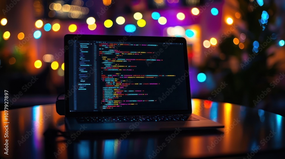 A laptop displaying colorful code against a blurred, vibrant background. A laptop displaying colorful code against a blurred, vibrant background.