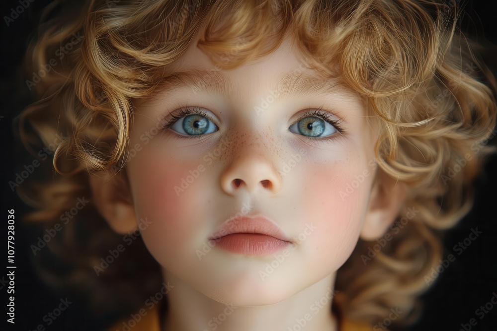 Naklejka premium Ethereal Child Portrait Photography - Innocent Blue Eyes and Golden Curls in Soft Natural Light Art