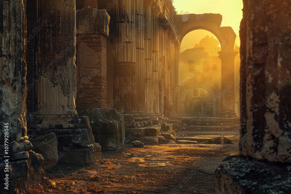 The first rays of sunlight illuminating ancient ruins, the scene filled with history and the soft glow of dawn. The first rays of sunlight illuminating ancient ruins, the scene filled with history and the soft glow of dawn.