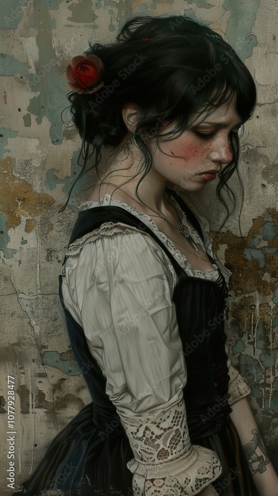 Fototapeta premium Pensive Portrait of a Woman in Vintage Attire Against a Damaged Wall