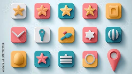 A set of colorful location pins with various shapes and designs, including circles, squares, and stars, each with a unique shadow, ideal for representing diverse points of interest.