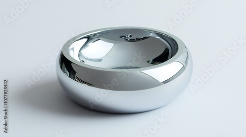 Macro photography of a sleek chrome plated detachable car ashtray with a smooth curved design and finish captured against a pure white background for a minimalist modern aesthetic photo