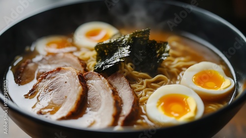 Closeup of a hot bowl of Japanese ramen with succulent pork slices perfectly softboiled eggs and nori immersed in rich broth served at a bustling Tokyo street food stall