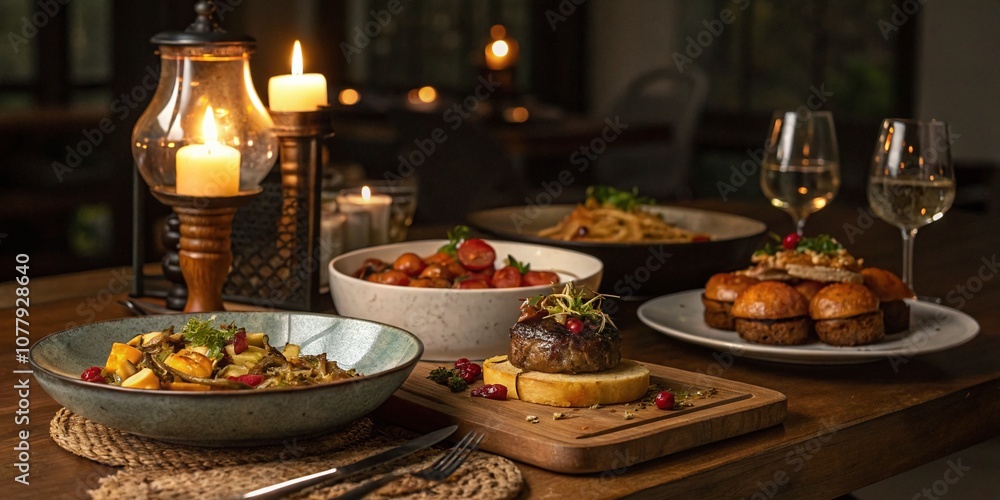 Captivating Food Photography Featuring an Array of Delicious Dishes Illuminated by Vintage Ampul Mum Candles for a Cozy Dining Experience Captivating Food Photography Featuring an Array of Delicious Dishes Illuminated by Vintage Ampul Mum Candles for a Cozy Dining Experience