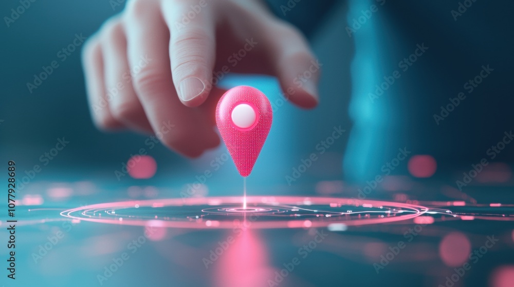 A rotating 3D location pin with a pulsing light effect, signifying an active search or navigation process, adding a dynamic element to location based visuals. A rotating 3D location pin with a pulsing light effect, signifying an active search or navigation process, adding a dynamic element to location based visuals.
