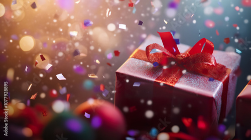 beautifully wrapped gift box with red ribbon is surrounded by colorful confetti, creating festive and joyful atmosphere.