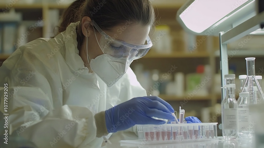 Fototapeta premium Research experts in safety suits handling cutting edge medical devices and equipment in a bright modern laboratory setting