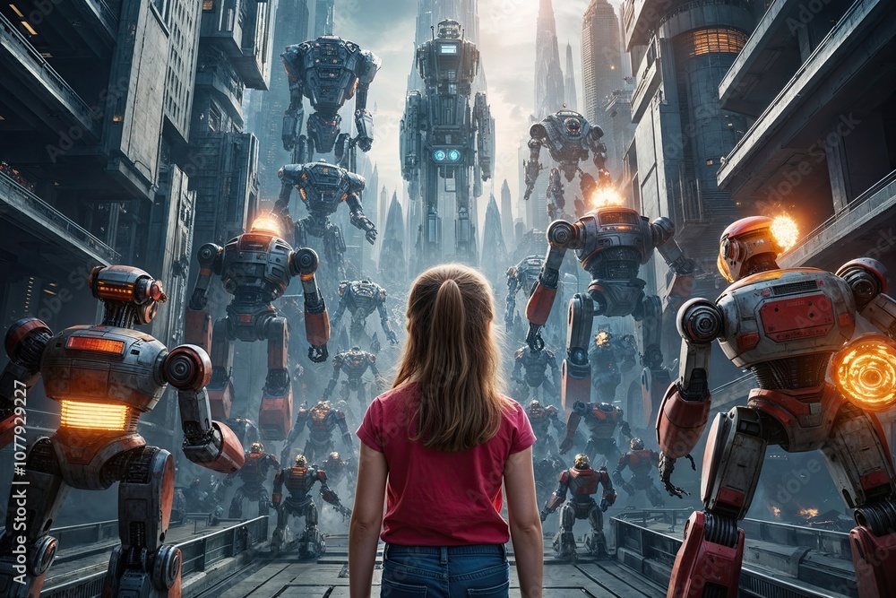 Εκτύπωση καμβά Young Girl Observing Robot Uprising in Futuristic City Skyline