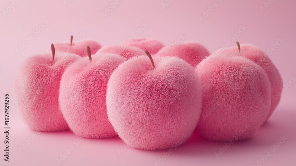 3D pink furry fluffy apples plush toy creative playful fun fruit background. fashion designed cute style advertising wallpaper 3D pink furry fluffy apples plush toy creative playful fun fruit background. fashion designed cute style advertising wallpaper
