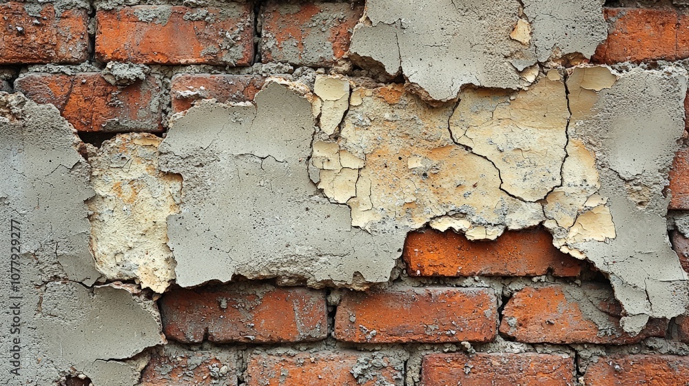 Close-up of weathered brick wall with peeling plaster and cracks. Close-up of weathered brick wall with peeling plaster and cracks.