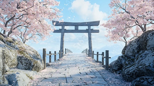 Serene and peaceful pathway leading to a traditional torii gate covered in a carpet of fallen cherry blossom petals during the tranquil Japanese hanami season