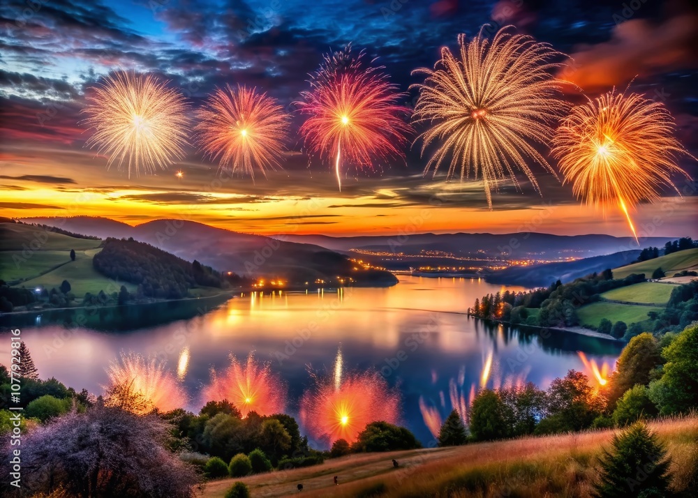Captivating Landscape Photography of Sparking Fireworks Against a Dramatic Twilight Sky Over Rolling Hills and a Serene Lake, Illuminating the Night with Vibrant Colors Captivating Landscape Photography of Sparking Fireworks Against a Dramatic Twilight Sky Over Rolling Hills and a Serene Lake, Illuminating the Night with Vibrant Colors