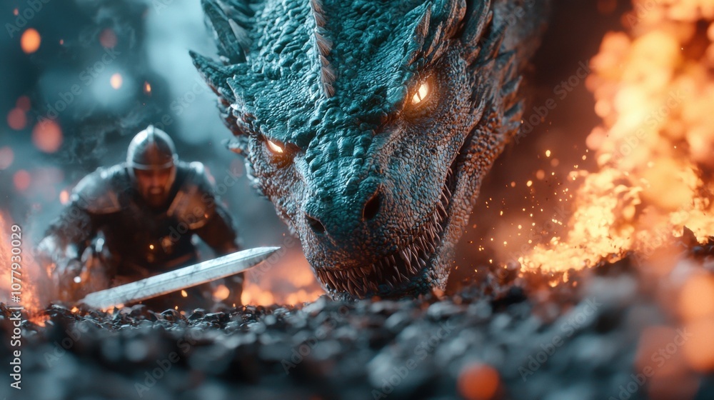 A fierce dragon with emerald green scales, glowing eyes, and smoke billowing from its nostrils, engaged in a fiery battle with a knight in shining armor amidst a scorched battlefield. A fierce dragon with emerald green scales, glowing eyes, and smoke billowing from its nostrils, engaged in a fiery battle with a knight in shining armor amidst a scorched battlefield.