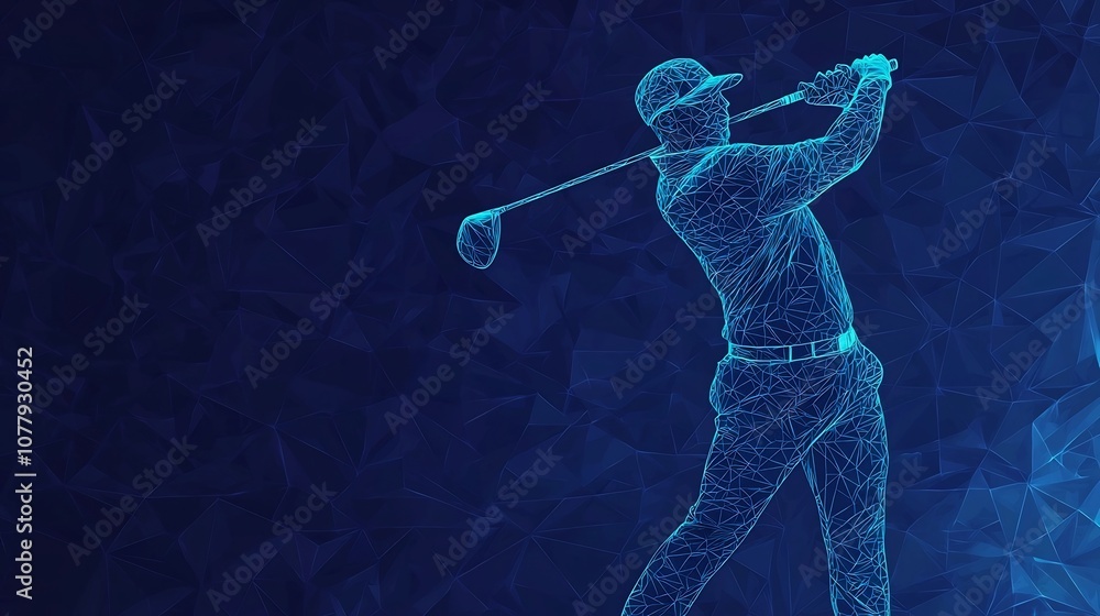 Striking digital art rendering of a golfer in full swing motion surrounded by glowing blue geometric shapes and abstract polygonal elements Striking digital art rendering of a golfer in full swing motion surrounded by glowing blue geometric shapes and abstract polygonal elements