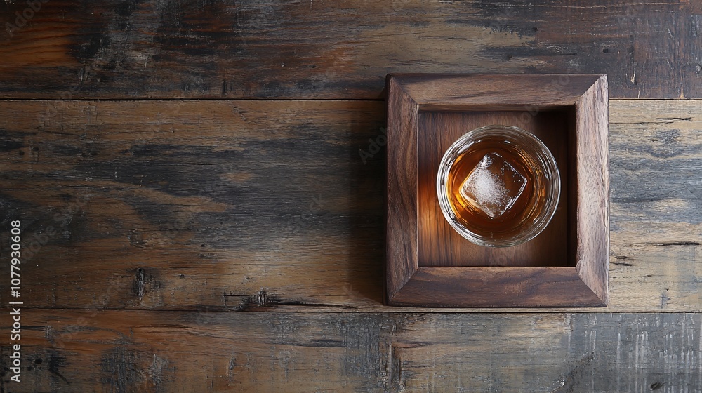 Glass of Whiskey with Ice Cube on Wooden Tray