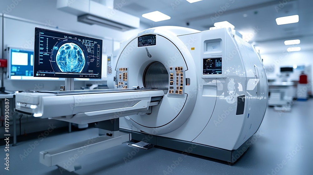 Advanced MRI machine in a modern medical facility, ready for patient use. Advanced MRI machine in a modern medical facility, ready for patient use.
