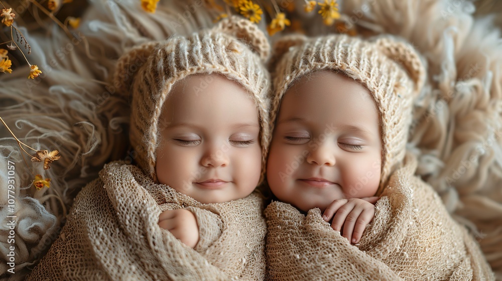 Adorable Twin Babies Sleeping in Knitted Hats - Newborn Photography Adorable Twin Babies Sleeping in Knitted Hats - Newborn Photography