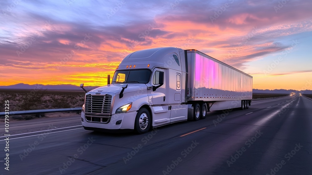 Semi-Truck Driving on Highway at Sunset Semi-Truck Driving on Highway at Sunset