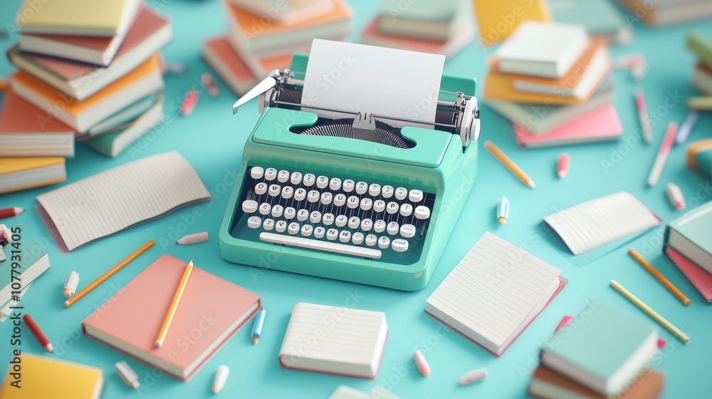 A cluttered desk with stacks of books, open notebooks, scattered pens and pencils, and a vintage typewriter, suggesting a busy writer or student immersed in their work. A cluttered desk with stacks of books, open notebooks, scattered pens and pencils, and a vintage typewriter, suggesting a busy writer or student immersed in their work.