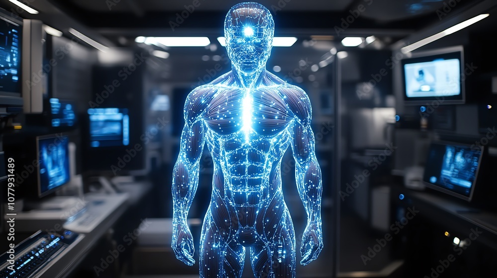 Digital representation of a human body within a high-tech environment. Digital representation of a human body within a high-tech environment.
