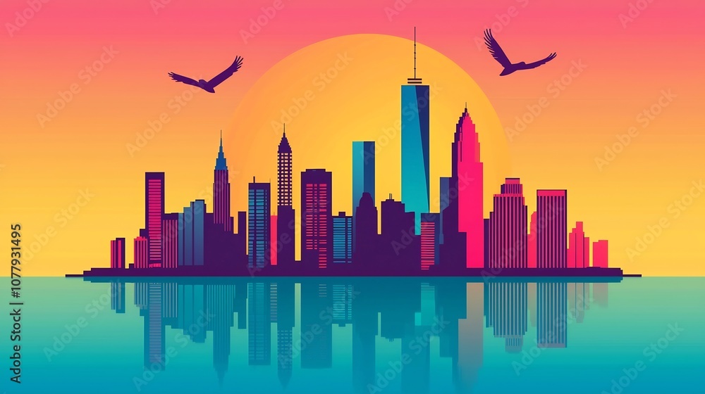 Fototapeta premium Vibrant and Colorful Pop Art Style City Skyline with Retro Futuristic Aesthetic Depicted in a 3D Format The Silhouetted Skyline is Reflected in the Calm Water Below