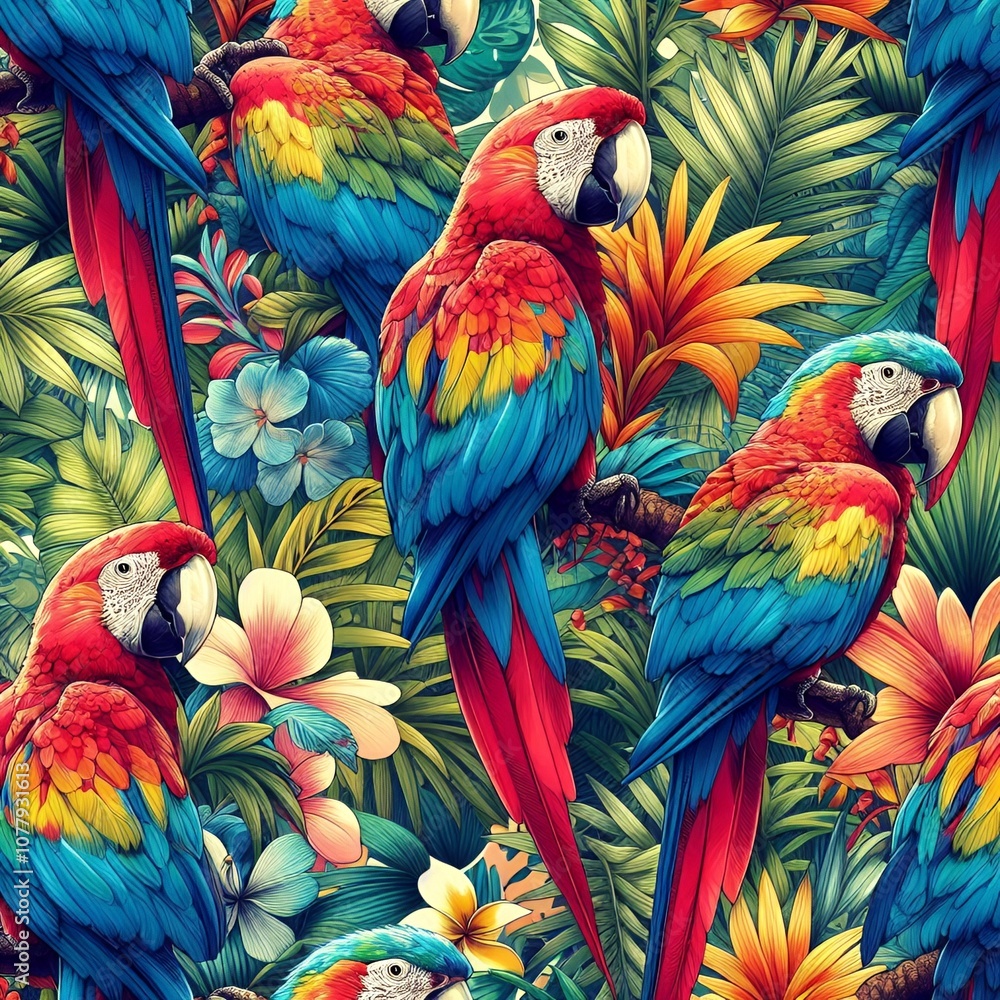 Obraz premium A colorful parrot pattern with close-up illustrations of parrots in various positions