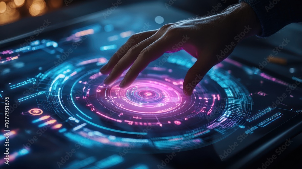 Obraz premium A hand interacting with a futuristic touchscreen interface displaying vibrant digital graphics.