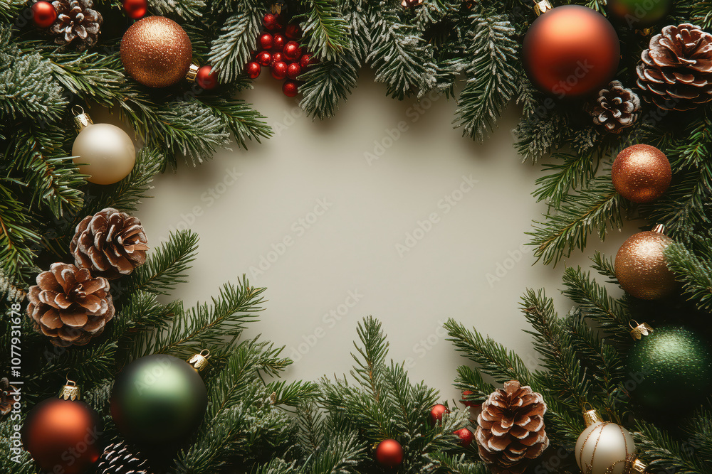 Christmas flat lay background with space in the center and decorations around it with festive atmosphere and small ornaments. Christmas flat lay background with space in the center and decorations around it with festive atmosphere and small ornaments.