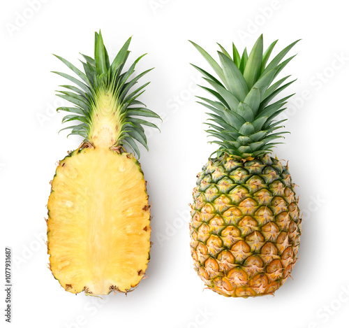 Flat lay of Pineapple with cut in half isolated on white background.