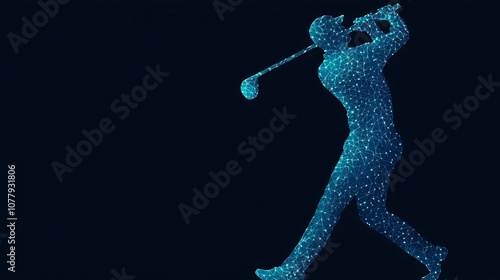 Vibrant abstract digital of a luminous blue geometric golfer figure mid swing against a transparent high energy background representing the dynamic motion and elegance of the sport photo