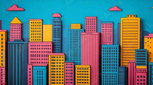 Vibrant and surreal 3D of a pop art inspired cityscape with modern geometric skyscrapers highrise towers and a colorful abstract background in bold contrasting tones photo