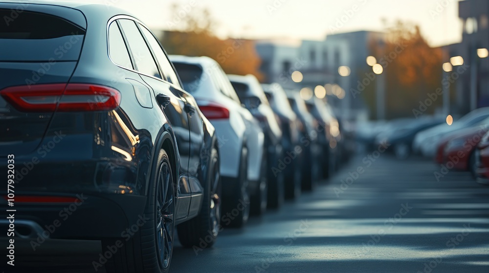A row of parked cars in a modern urban setting during sunset. A row of parked cars in a modern urban setting during sunset.