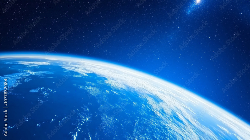 Fototapeta premium Earth in space universe planet with shiny star dark blue technology science background with copy space. astronomy starry sky shimmering glow wallpaper