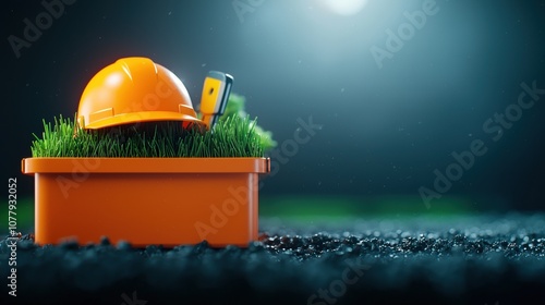 A toolbox filled with various tools and equipment, with a hardhat resting on top, ready to be transported to a worksite, signifying the start of a new construction project. photo