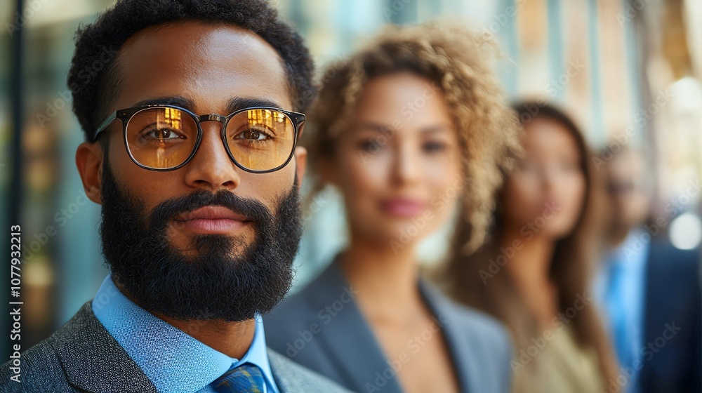 Professional business people in formal attire standing confidently together outdoors. Professional business people in formal attire standing confidently together outdoors.