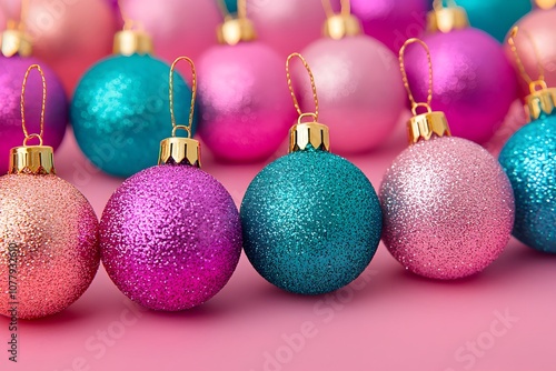 Colorful Christmas Ornaments on Pink Background