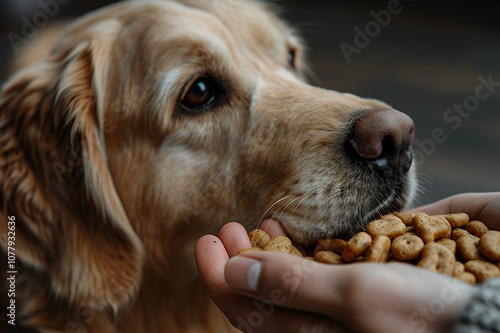 A golden retriever dog looking intently at a hand offering kibble. photo