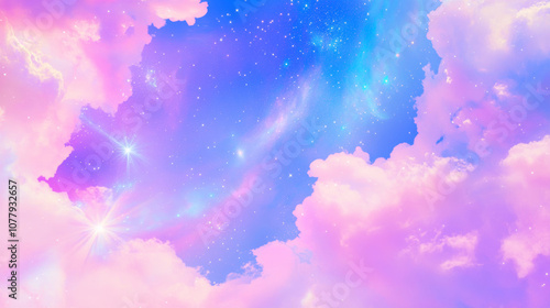 3D abstract dreamy sky in space with stars clouds night holographic iridescent glossy texture in futuristic background. cyberpunk solarpunk disco musical club bar psychedelic pink purple blue