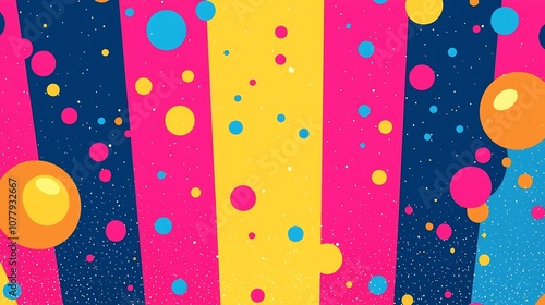 Vibrant retro pop art explosion of colorful playful bubbles in a dynamic 3D digital Geometric patterns bold colors and a sense of lively energy create a stylish contemporary